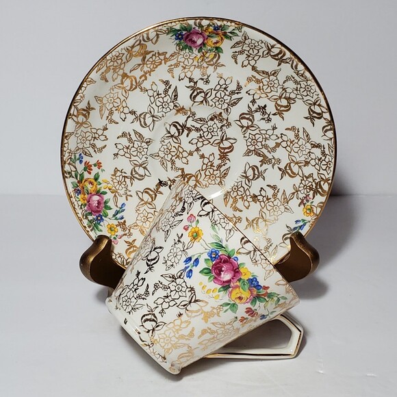 Lord Nelson Ware Teacup Saucer Chintz Floral Gold Vintage - Picture 8 of 8